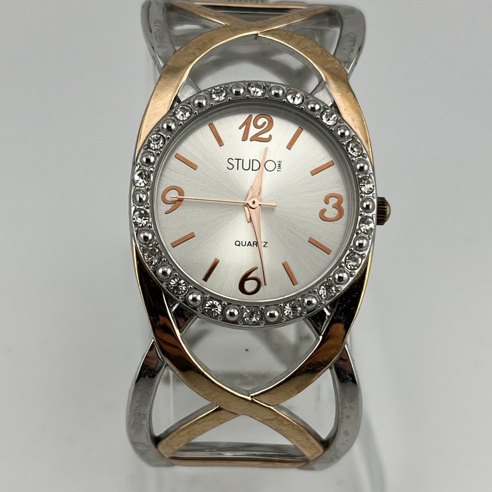 Studio Time Watch Women 30mm Rose Gold & Silver Hinge Bangle Band- New Battery